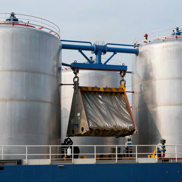 Close-up of industrial fuel tanks being loaded onto a transport ship, steel blue accents, clean and efficient atmosphere.