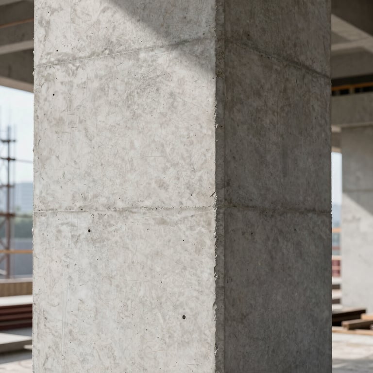 A structural concrete pillar with a smooth, professional finish on a modern construction site.