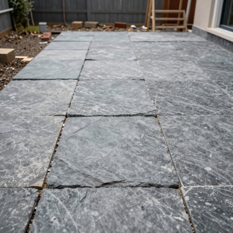 An outdoor stone patio under construction, featuring large slate gray pavers being set with precision in a European garden.