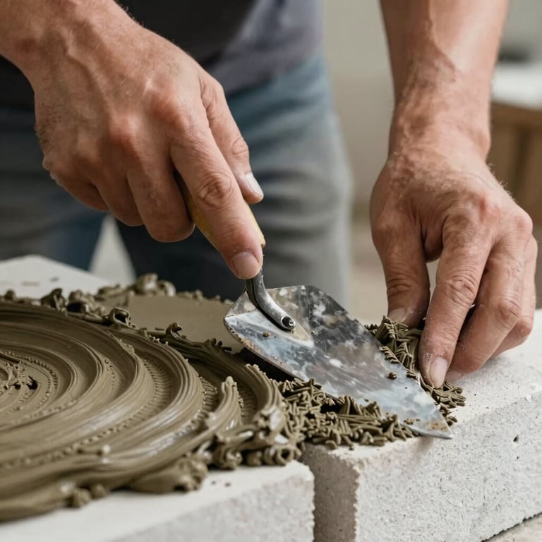 Close-up of a mason's hands using a trowel to apply mortar to a block, emphasizing the sense of craftsmanship.