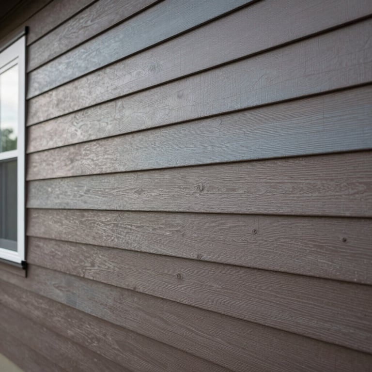 A finished exterior house wall with high-quality cladding in muted brown and light blue-gray tones.