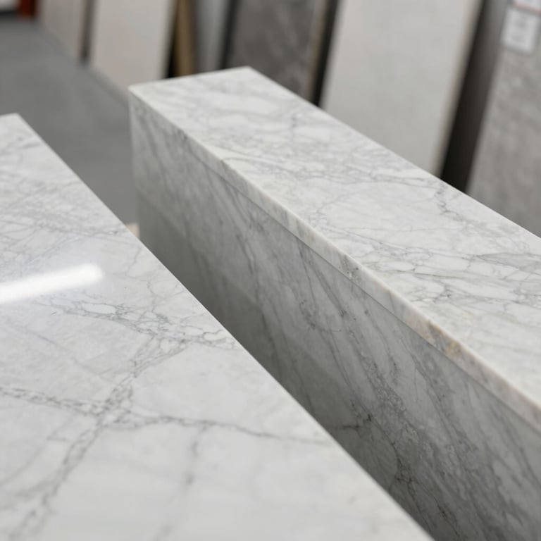 Artistic top-down view of marble slabs arranged in a showroom, clean lines and #F8F8F8 highlights.