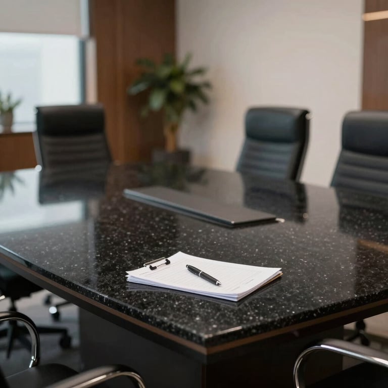 A corporate boardroom table custom-made from high-end black granite in an elegant Ankara office.