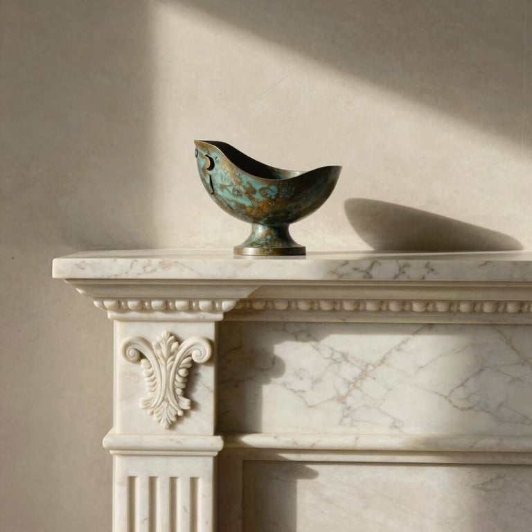 Tight tactile close-up of a premium marble fireplace mantel with classical carvings, holding a single bronze sculptural object. Warm afternoon light casting subtle, elegant shadows on the limestone wall behind.