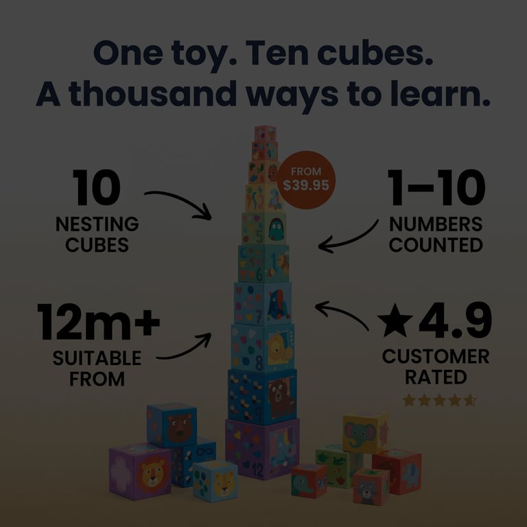 Ten colorful nesting cubes for toddlers. The Toy Box, Zentoix, static ad, ugc ad