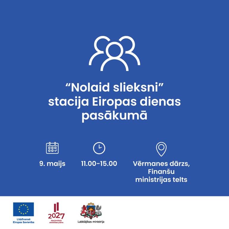 Afiša ar cilvēku grupas piktogrammu un informāciju par “Nolaid slieksni” staciju Eiropas dienā