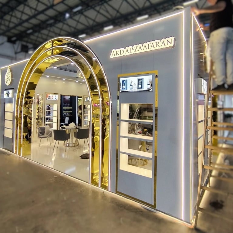Bespoke gold arches and precision lighting installation for Ard Al Zaafaran by World Expo Pro experts.