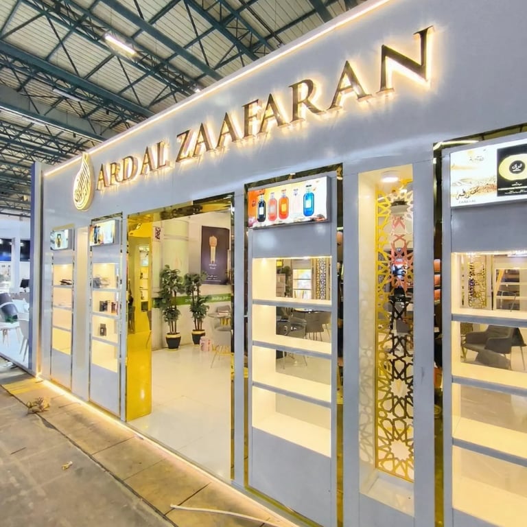 Luxury Ard Al Zaafaran facade by World Expo Pro: Gold accents, illuminated branding, and bespoke perfume display showcases.