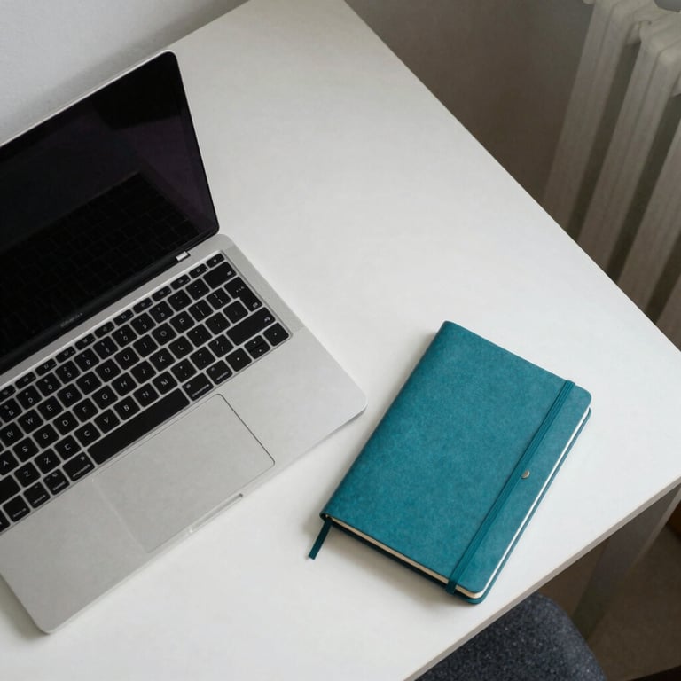 An aerial view of a clean, organized desk setup in a North American home featuring a laptop and a teal notebook.