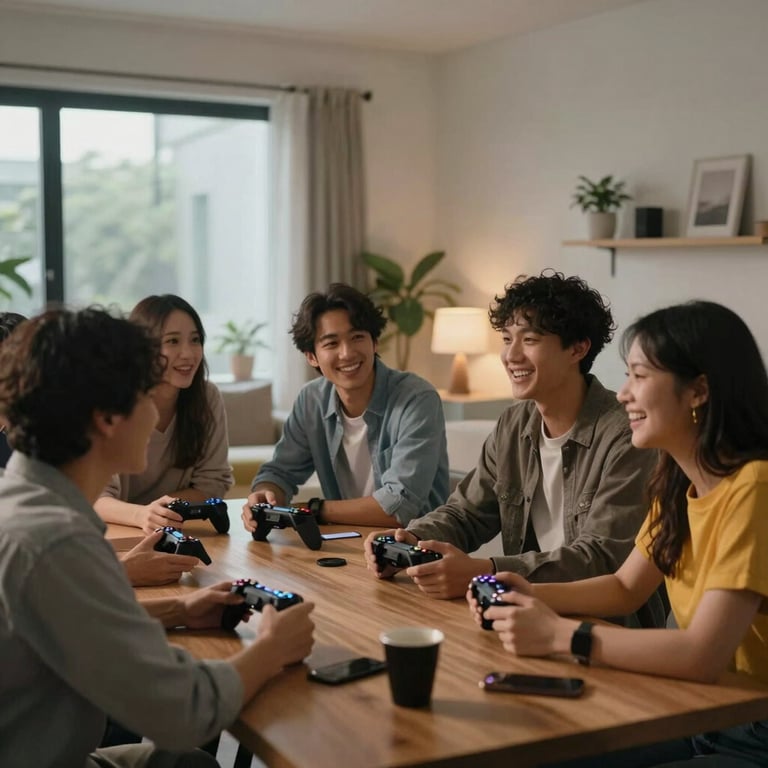 Diverse friends gathering in a modern North American apartment for a gaming night, soft evening light.
