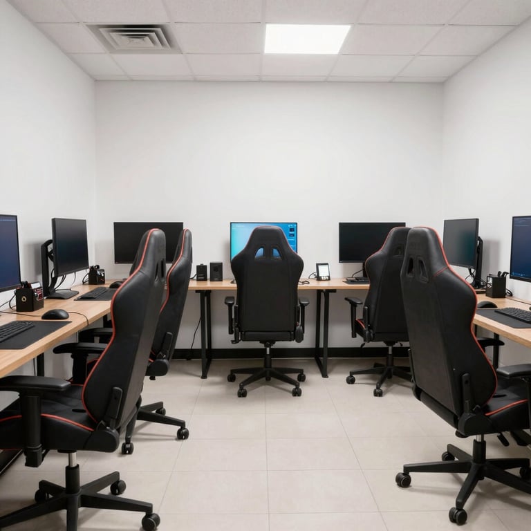A brightly lit North American gaming lounge with ergonomic chairs and clean white walls and teal accents.