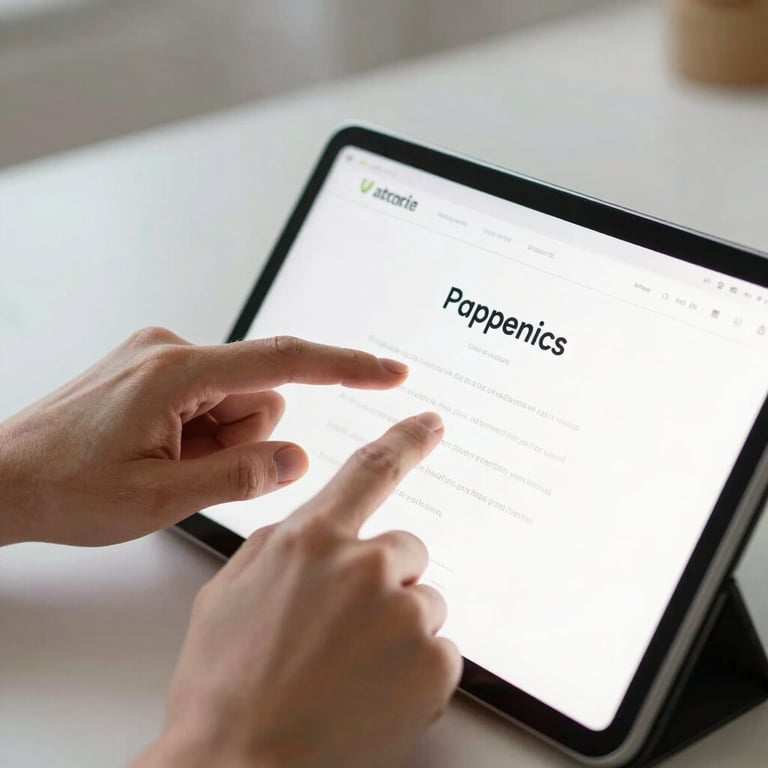 A close-up of a person's hands navigating a simple, accessible website on a tablet in a bright room.