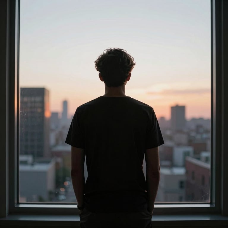 A person standing in front of a window in a North American city, silhouetted against a bright, inspiring morning sky.