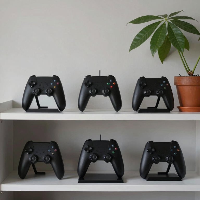 A minimalist shelf in a US home displaying a few well-designed gaming collectibles and a green plant.