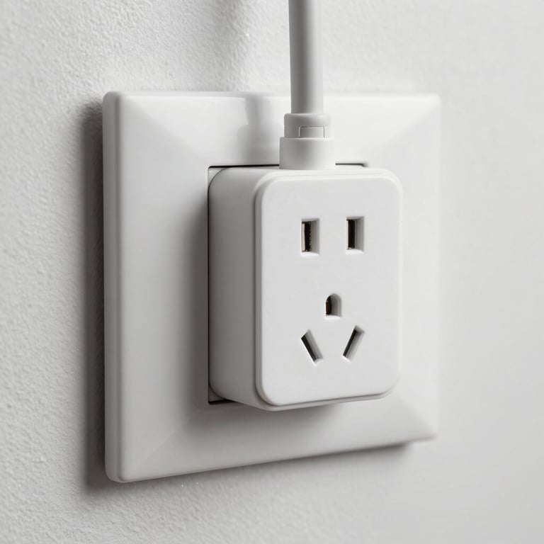 A detailed close-up of a new electrical outlet and USB hub installed flush against a white wall.