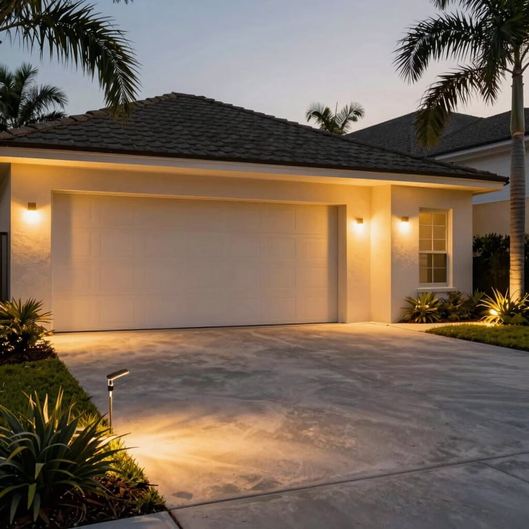 Outdoor landscape lighting illuminating a modern Florida driveway with soft, warm yellow glows.
