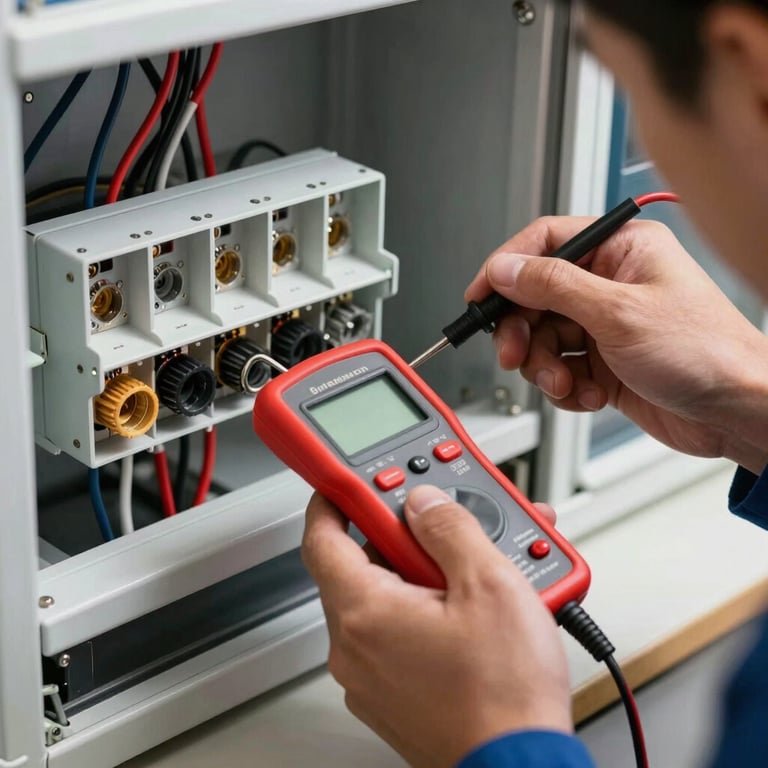 A professional electrician's hand using a digital tester on a perfectly wired junction box.