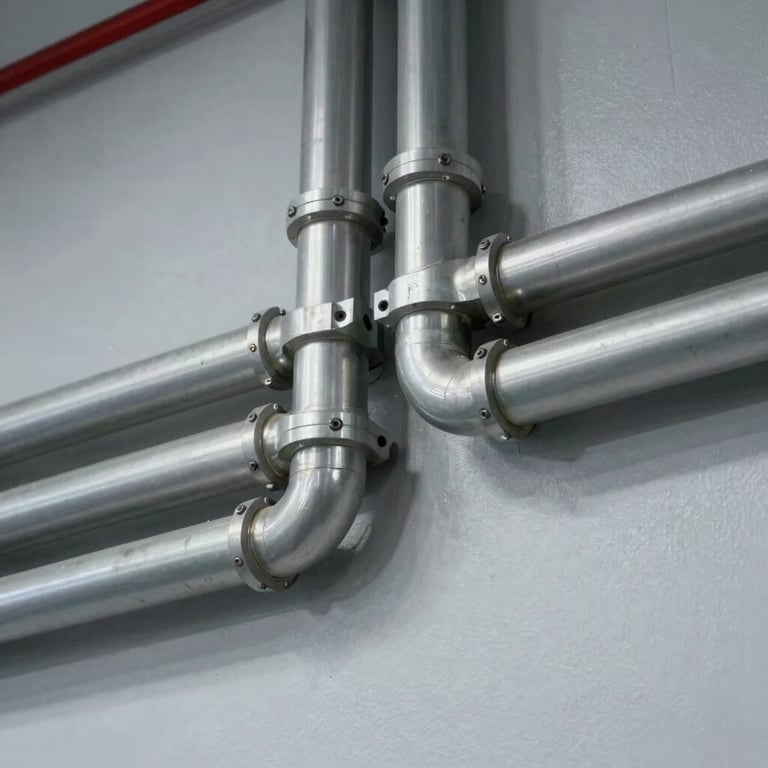 Cleanly routed conduit pipes on a light gray commercial wall, showing high-precision industrial electrical work.
