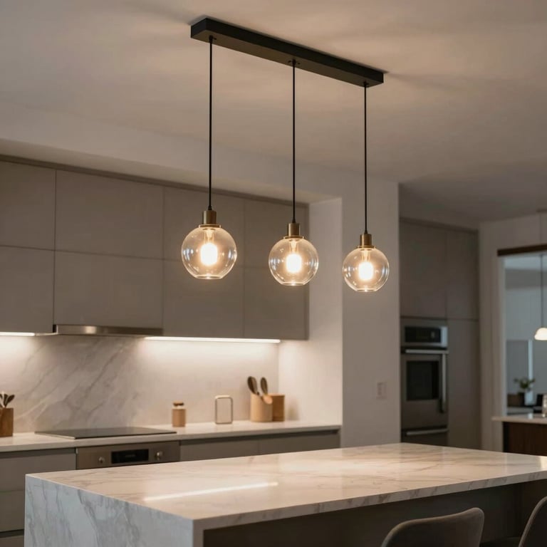Designer pendant lighting installed with precision over a modern kitchen island in a North American home.