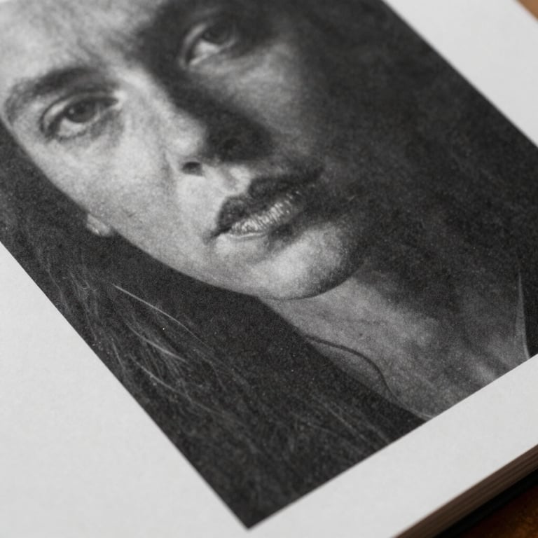 Detailed close-up of a premium cotton paper print, showing the rich texture of the paper and the sharp, deep ink tones of a black and white photograph.
