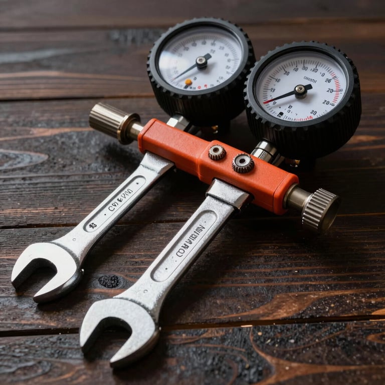 Close-up of professional plumbing tools including a wrench and pressure tester on a dark wood surface.