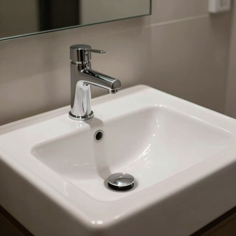 Installation of a modern, square-shaped white ceramic bathroom sink with a chrome faucet.