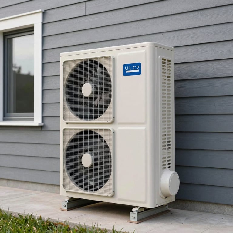 An outdoor air-to-water heat pump unit installed beside a contemporary Est European house with grey siding.