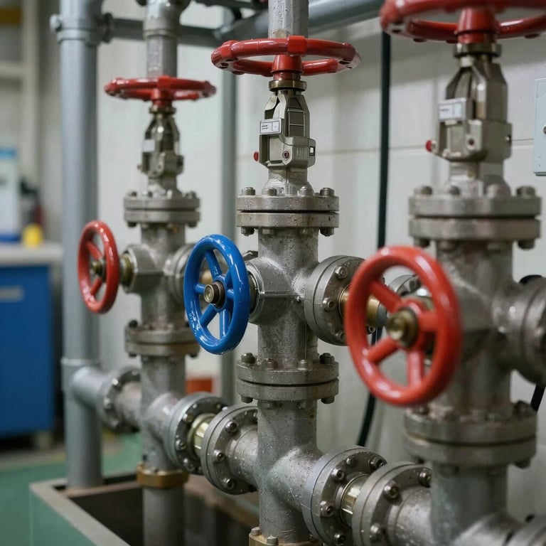 Detailed view of a complex water manifold system with red and blue valves in a clean, professional utility area.
