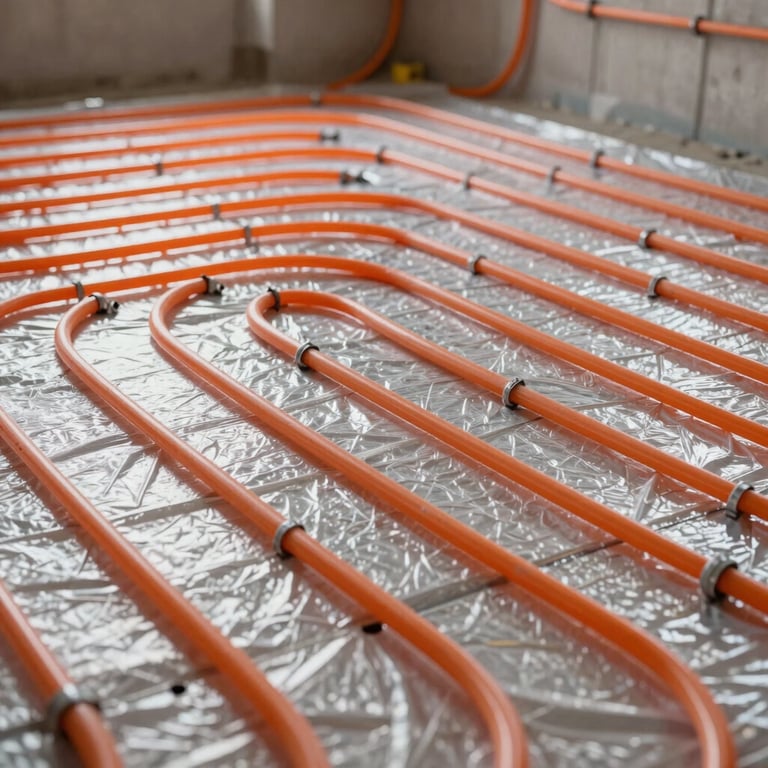 A grid of orange underfloor heating pipes installed on an insulation layer in a new Romanian construction site.