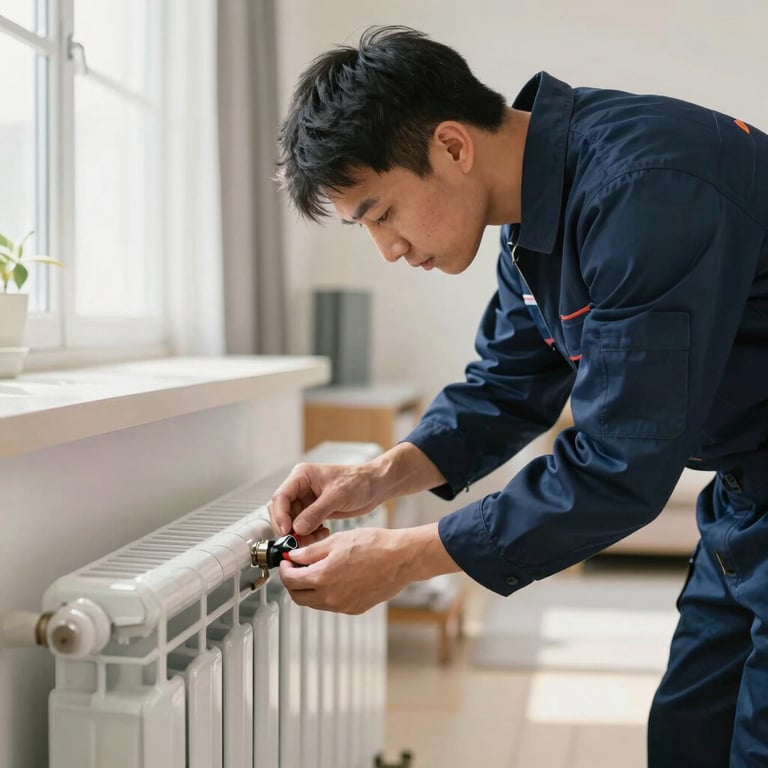 A technician in a navy blue uniform tightening a connection on a modern radiator in a bright living room.