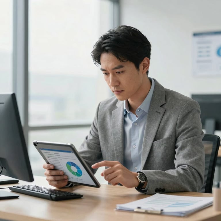 Professional software analyst reviewing accessibility metrics on a tablet in a bright studio, North American setting, modern attire.