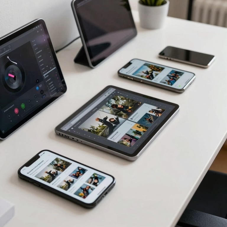 High-angle shot of a workstation with multiple tablets and phones for responsive design testing in a light-filled room.