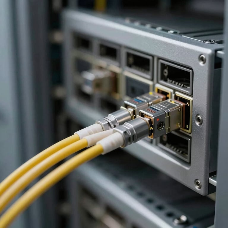 Detail of a fiber optic cable connection in a high-tech networking hub, professional studio lighting, technical precision.