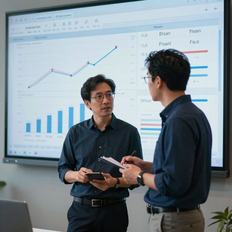 Two tech specialists discussing performance data in front of a large screen, modern office environment with slate and sky blue tones.