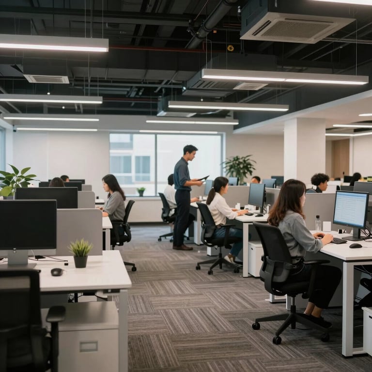 A clean, open-plan office space in a US tech hub with people collaborating at standing desks, professional atmosphere.