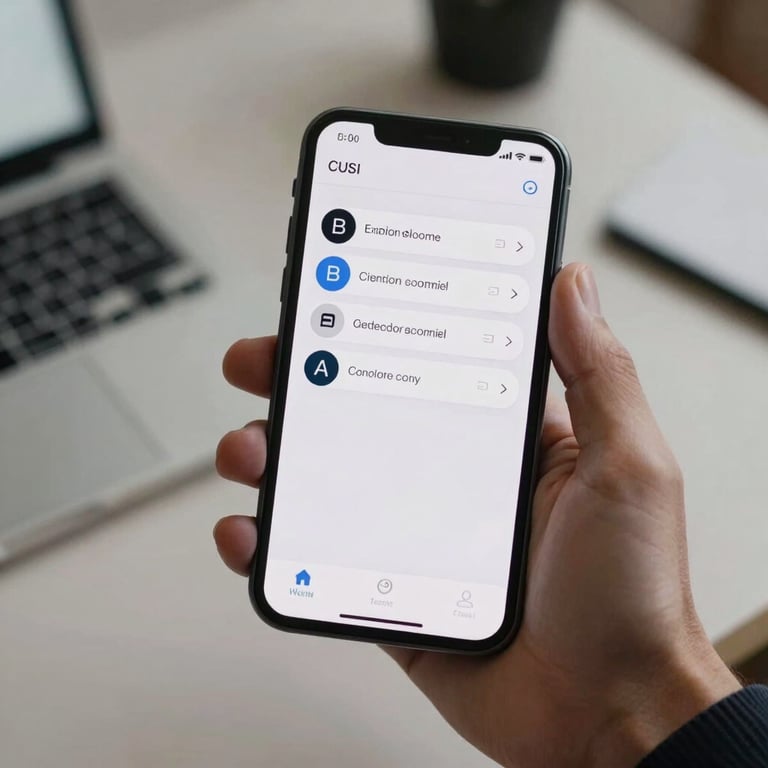 Close-up of a mobile phone screen displaying a clean app interface, held by a professional in a tech workspace in the US.