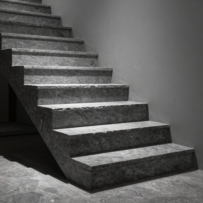 Polished slate gray stone staircase in a minimalist residence, side-lit, highlighting the precise bisotado finish.