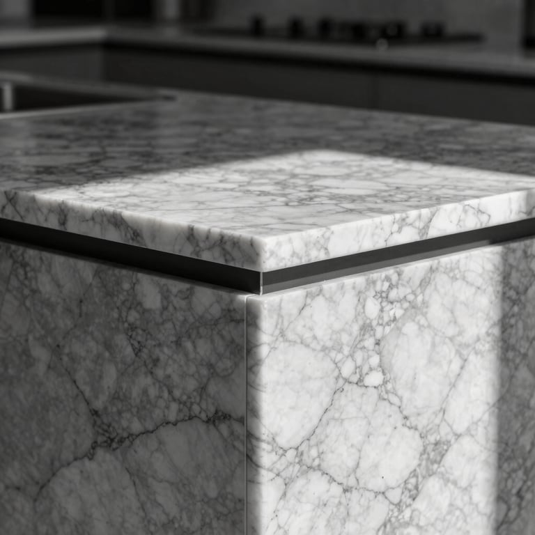 High-contrast close-up of a perfectly matched marble corner joint on a luxury kitchen island, showing flawless alignment.