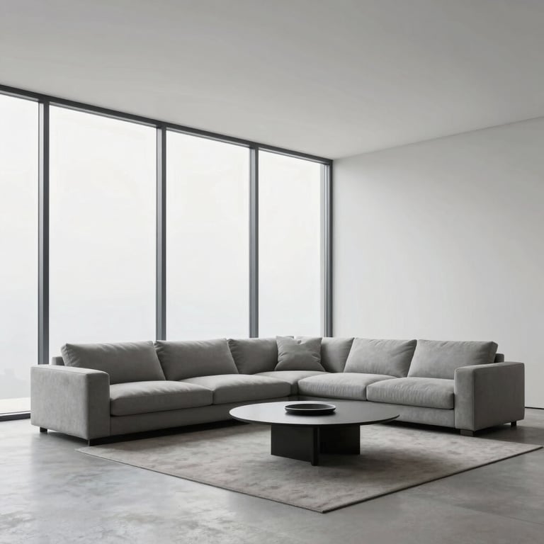 Minimalist living room with floor-to-ceiling windows, featuring Mist Grey furniture and Cloud White walls.