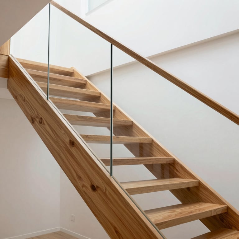 Detailed view of a modern wooden staircase with glass railings in a bright, Cloud White hall.