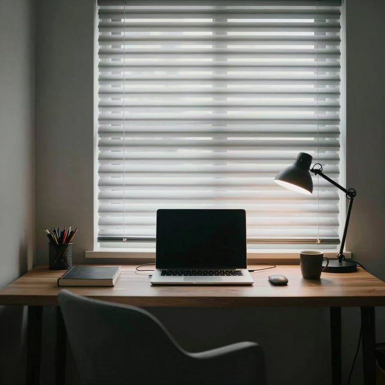 A serene home office space with minimal furniture and soft, natural light filtering through Mist Grey blinds.