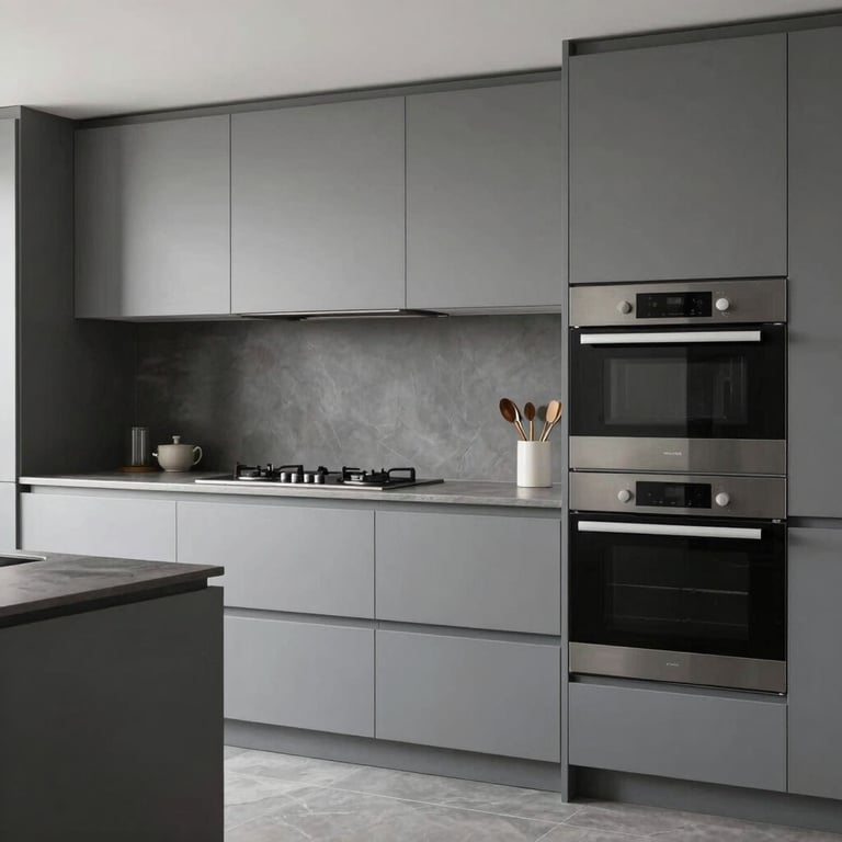 Interior of a luxury kitchen showing clean lines, integrated appliances, and Muted Slate Grey surfaces.