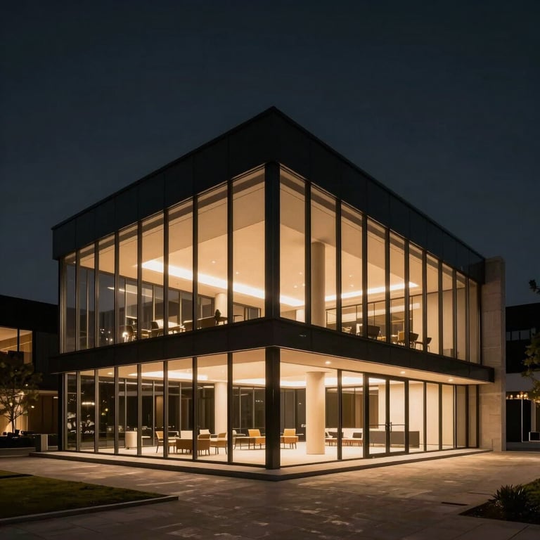 Night view of a contemporary building with warm interior lighting contrasting against a Charcoal Navy evening sky.