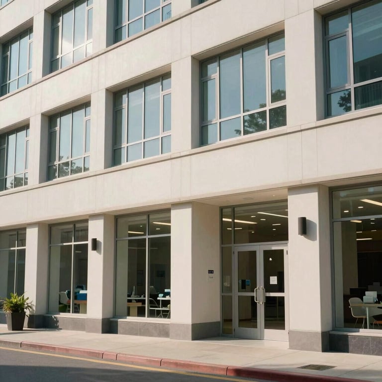 Exterior of a contemporary medical clinic building in a North American setting with large windows and a clean off-white facade.