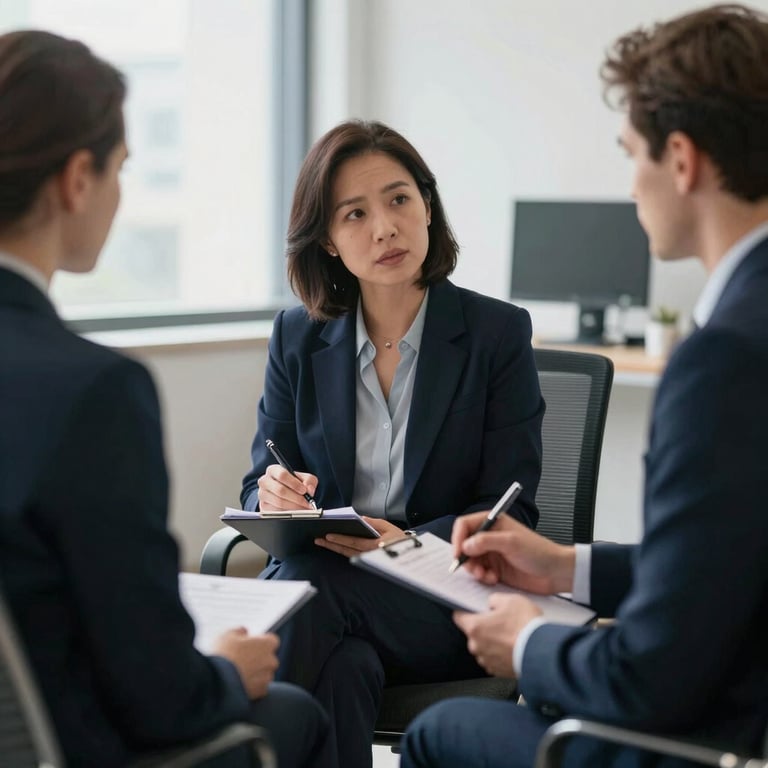 A psychologist taking notes during an empathetic session in a modern office with natural light and deep navy accents.
