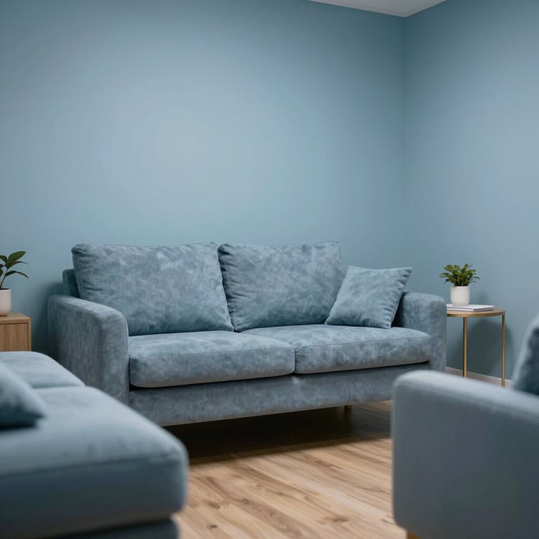 A serene therapy room with comfortable seating and soft slate blue decor, perfect for confidential psychological sessions.