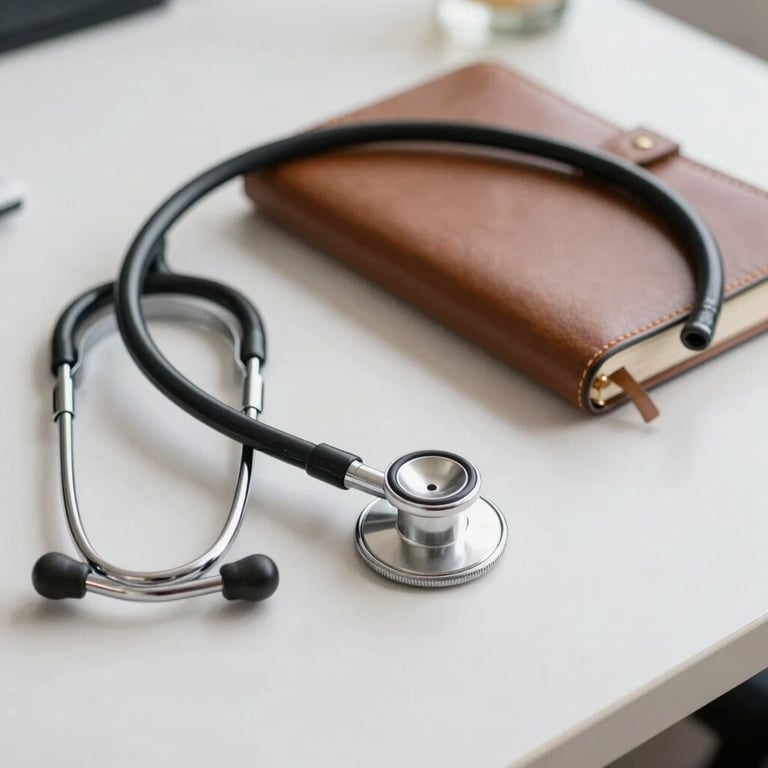 A professional medical stethoscope and a leather-bound notebook on a clean off-white desk surface in a bright office.