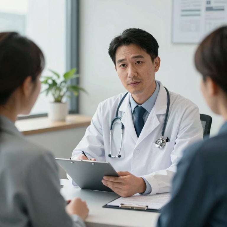 A professional doctor in a white coat consulting with a patient in a bright, airy North American office using a slate blue color palette.