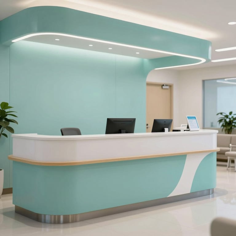A modern medical reception area in the US with clean lines and soft aqua accents, projecting a calm and welcoming atmosphere.
