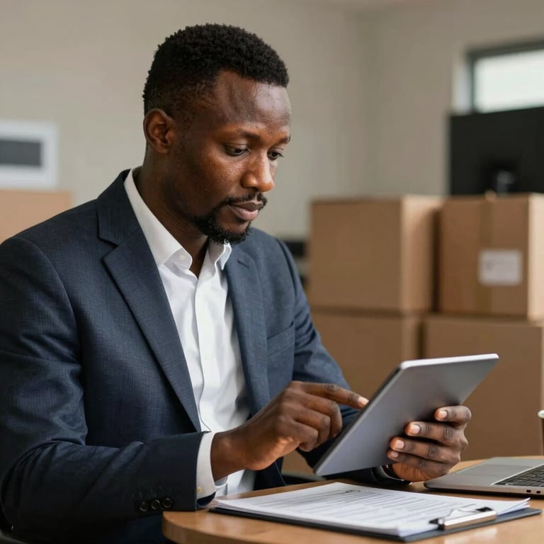 A professional in a West African / Ghanaian corporate setting checking a cargo manifest on a modern tablet.